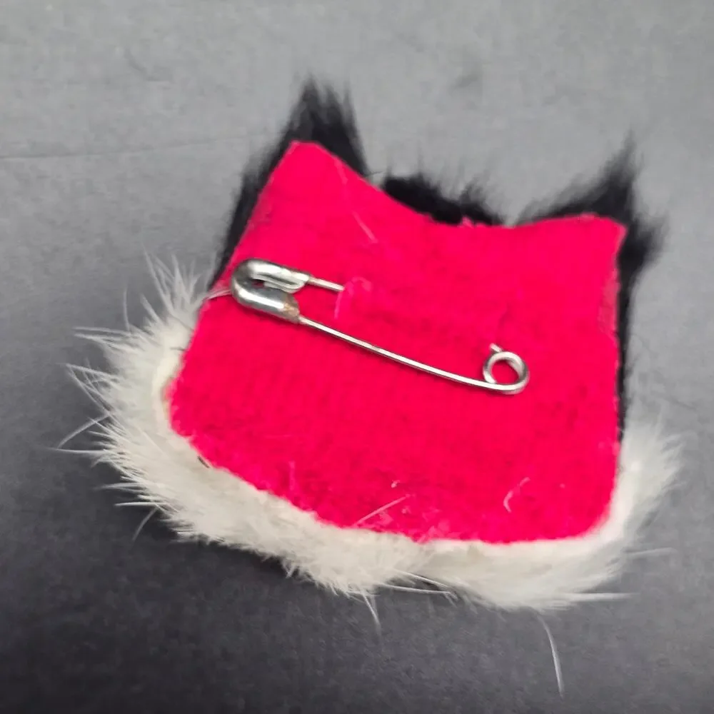 Furry Black White Cat Brooch Hand Crafted Vintage Jewelry